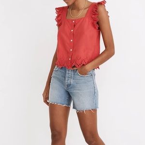 Madewell Red Eyelet Ruffle Cropped Button-Front Tank
